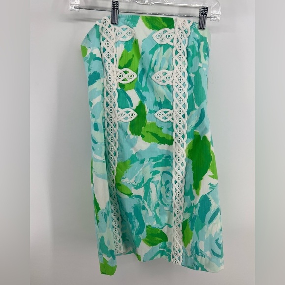 Lilly Pulitzer Tansy Strapless Dress Poolside Blue and Green White Detail Size 2 - Picture 6 of 13
